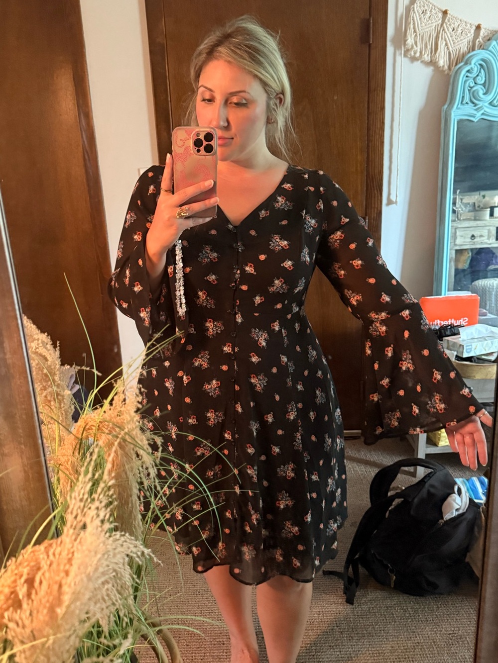 Black Floral Long-Sleeve Button-Front Dress